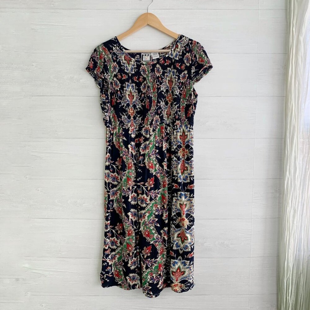 Vintage Take Two Clothing - Navy blue floral smocked top dress cap sleeves, L
